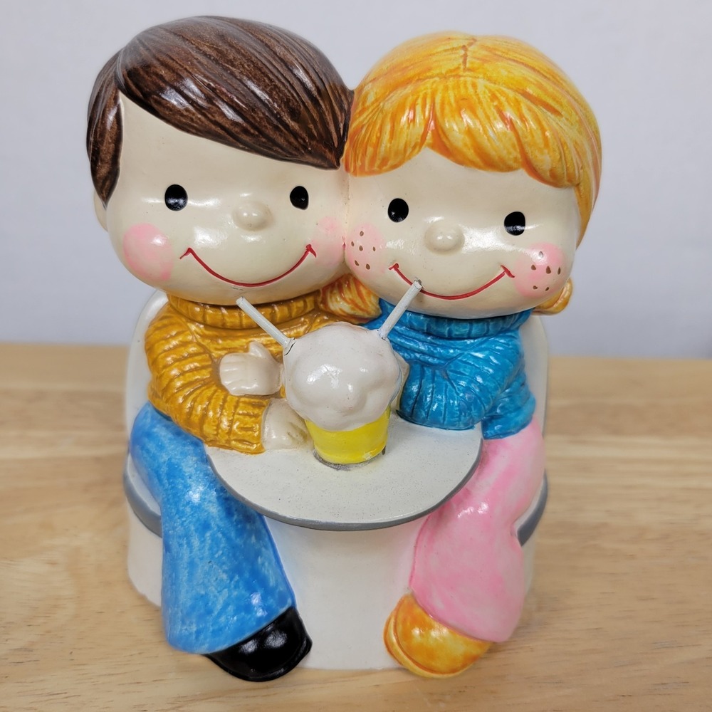 VTG 1977 Kitsch Ceramic Boy Girl Milkshake Bank Retro WITH STOPPER Dated Cute